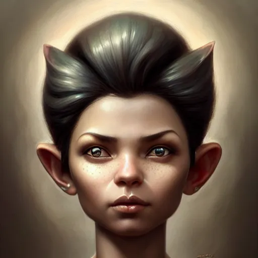 Prompt: portrait of a beautiful cute realistic charming female gnome engineer, black pixie undercut haircut, micro detail, intricate, elegant, highly detailed, centered, rule of thirds, artstation, sharp focus, illustration, artgerm, tomasz alen kopera, peter mohrbacher, donato giancola, wlop