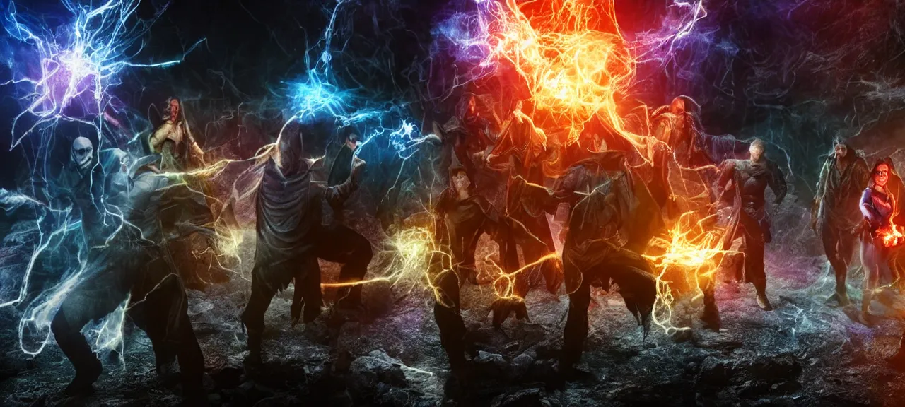 Image similar to Photorealistic still image of six wizards standing in dark cave and shoot fireballs from their magic staffs at DC comic character Black Adam, dark ancient atmosphere, full of glowing bouncing particles floating randomly from ground, dramatic lighting, fluidy colorful particles rising from ground, realism of hollywood movie with incredible amount of fine details