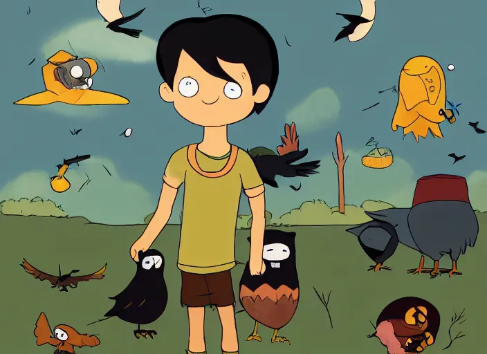 Prompt: cartoon still, a small boy with dark hair, wearing farm clothes, he has a small crow on his shoulder, artstation, inspired by adventure time, by padleton ward