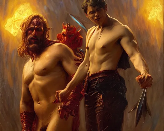 Image similar to heroic magician man, casting dark magic, summoning heroic devil. highly detailed painting by gaston bussiere, craig mullins, j. c. leyendecker, tom of finland