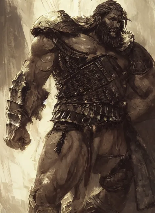 Image similar to ancient historically accurate depiction of the Bible Character Goliath of Gath, the Philistine warrior giant in ancient persian chainmail armor, dramatic lighting art by Yoji Shinkawa by Richard Schmid by greg rutkowski by Sandra Chevrier by Jeremy Lipking cinematic dramatic