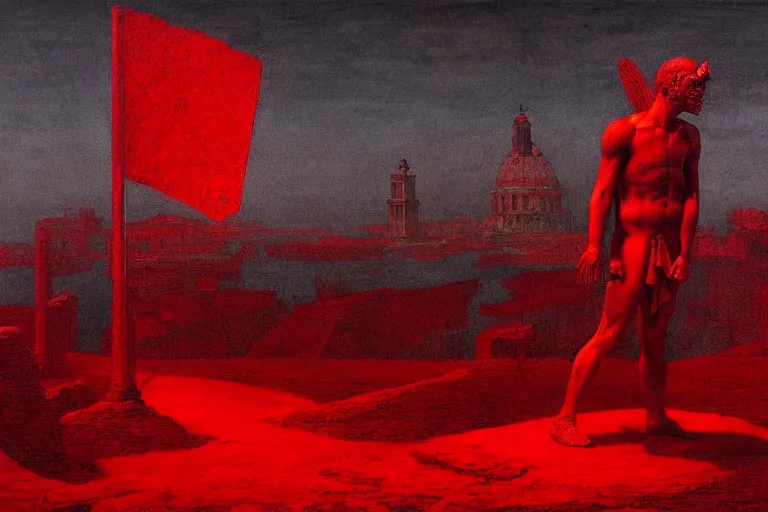 Image similar to only with red, caesar after war, a red tiger, in hoc signo vinces, rome in background, an ancient path, in the style of beksinski, part by hopper, part by rodcenko, part by hofbauer, intricate composition, red by caravaggio, insanely quality, highly detailed, masterpiece, red light, artstation