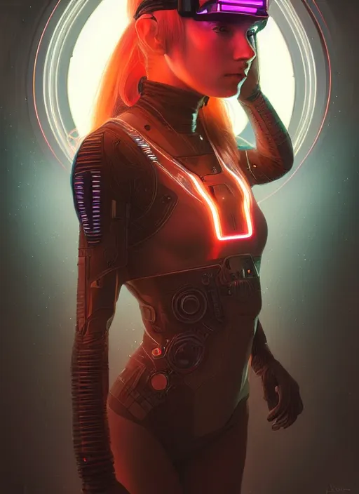 Image similar to symmetry portrait of a very beautiful caucasian young cyberpunk woman wearing a visor, sci - fi, tech wear, glowing lights intricate, elegant, highly detailed, digital painting, artstation, concept art, smooth, sharp focus, illustration, art by artgerm and greg rutkowski and alphonse mucha