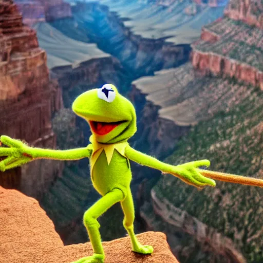 Image similar to kermit the frog walking a tightrope across the grand canyon, photorealistic, cinematic,