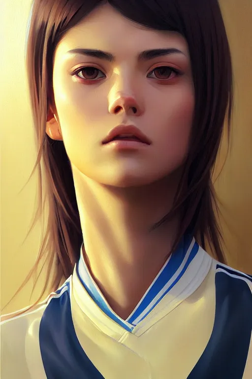 Image similar to A ultradetailed beautiful portrait panting of a stylish woman wearing a volleyball jersey, Oil painting, by Ilya Kuvshinov, Greg Rutkowski and Makoto Shinkai