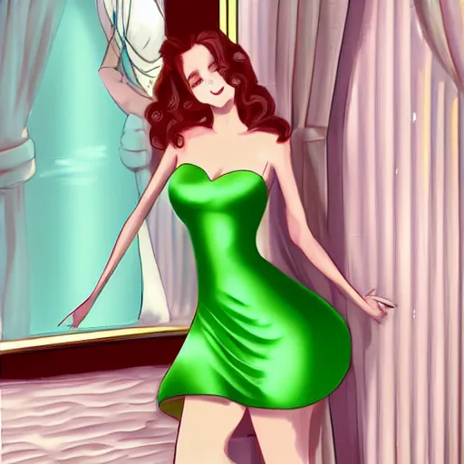 Prompt: very very very beautiful princess in a skintight satin prom dress smiling flirty eye contact, drawn by WLOP