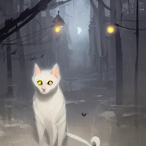 Prompt: a detailed matte painting of a white cat with white led eyes, by Ismail Inceoglu , concept art, featured on cgsociety