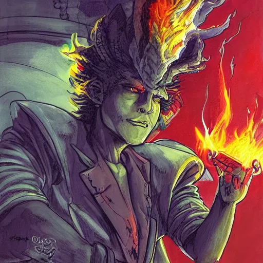 Prompt: portrait of Spike Spiegel fire Wizard Mage Wearing an obsidian vest whilst disguised as a devil atop the volcano uta natsume Mark Riddick katsuhiro otomo Alexey Egorov Inio Asano sui ishida