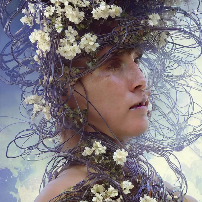 Image similar to hyperrealist portrait of a 2 0 4 4 space sport engineer, it is decorated with long white wires and white flowers that fall like vines and wears a huge computer crown. by jeremy mann and alphonse mucha, fantasy art, photo realistic, dynamic lighting, artstation, poster, volumetric lighting, dramatic light, very detailed faces, 8 k, award winning