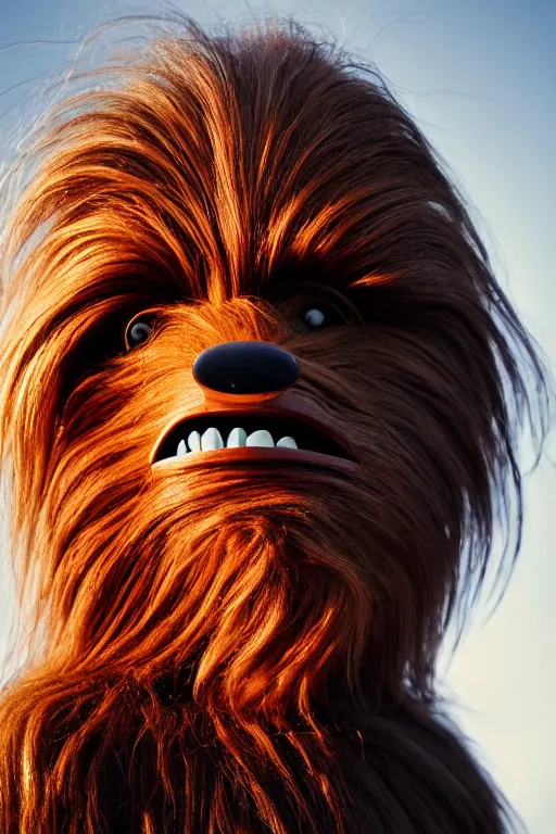 Image similar to photographic portrait of chewbacca with a comb-over blowing in the wind, trying to disguise his balding head, cinematic photography, 35mm, evening light