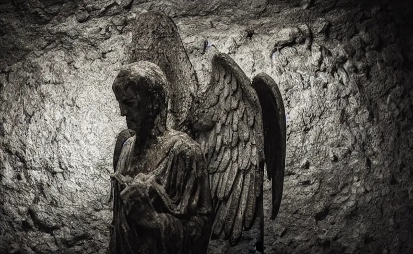 Prompt: tv footage of a decrepit creepy statue of the archangel gabriel staring at the camera, alone in a cavernous dark old catacomb, realistic, pitch black, depth of field, wide shot, sinister, bad lighting, foreboding, blurry, grainy photo
