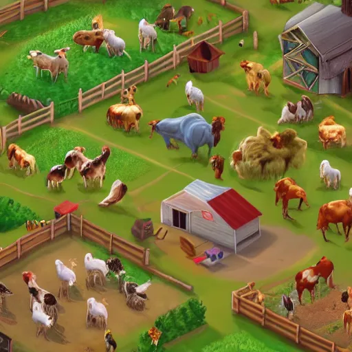 Prompt: a farm town game with lots of farm animals, a screenshot by cicely hey, artstation, magic realism, 2 d game art, isometric, full of details