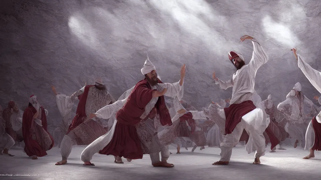 Prompt: tyrkisk sufi dance, sufi, arabic words, bysintine, gothic, 4 k, smokey, michael whelan, peter mohrbache, giovanni paolo panini style epic, volumetric light, insanely detailed, realistic, 8 k, unreal engine render, artstation trends, hyper detail, epic art style, cinematic, concept art, soft white gold lights