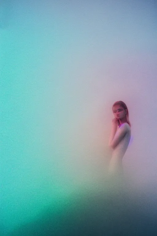 Image similar to high quality pastel coloured film close up wide angle photograph of a model wearing clothing swimming on cloud furniture in a icelandic black rock!! environment in a partially haze filled dreamstate world. three point light, rainbow. photographic production. art directed. pastel colours. volumetric clouds. pastel gradient overlay. waves glitch artefacts. extreme facial clarity. 8 k. filmic.