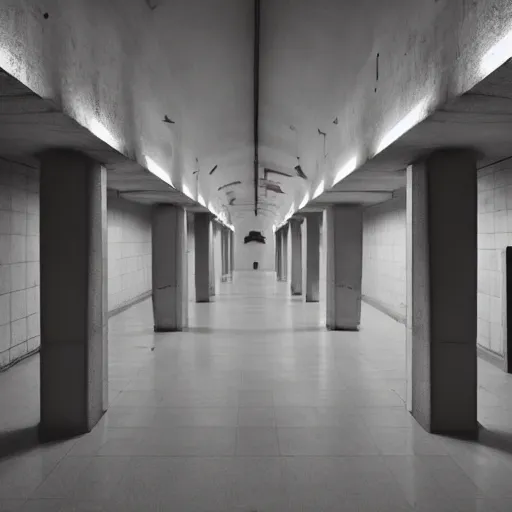 Image similar to noisy color photograph of a liminal space in the style of brutalism, wise hallways with high ceilings, minimalist, oddly familiar, cinematic, dramatic lighting, soft vintage glow