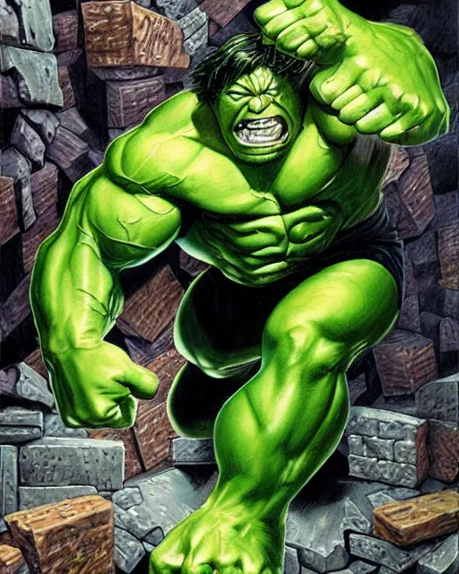 Prompt: a dynamic painting of the incredible hulk looking angry and breaking through a brick wall by joe jusko.