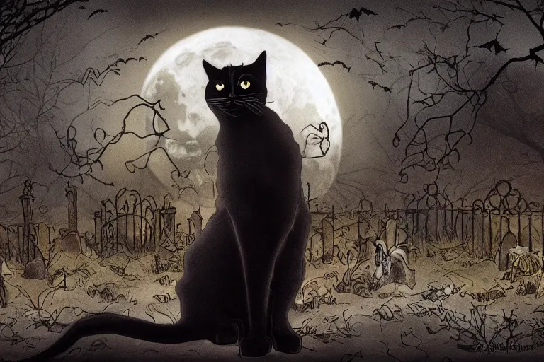 Image similar to an ultra detailed animation of a black cat in a graveyard at midnight on halloween, tattoo on shohulder, digital art, dark fantasy, concept art, soulslike, by alphonse mucha, blood moon eclipse, ruined building in the background, artstation, 8 k, unreal engine render