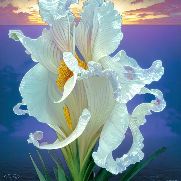 Image similar to detailed giant white holographic orchid iris hybrid flower surrounded by ocean waves, lsd water, lsd ripples, droplets, backlit, sunset, refracted lighting, art by collier, albert aublet, krenz cushart, artem demura, alphonse mucha