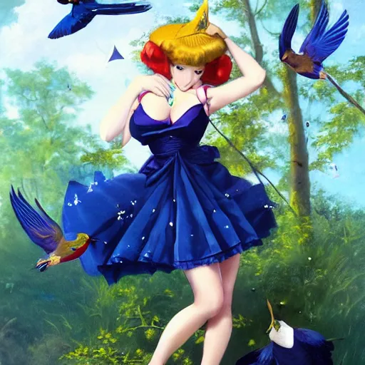 Image similar to anime pinup girl holding an indigo bunting, bird, the bird is wearing a bowtie, by greg rutkowski, rossdraws, gil elvgren, enoch bolles, anime, porcelain skin, very coherent