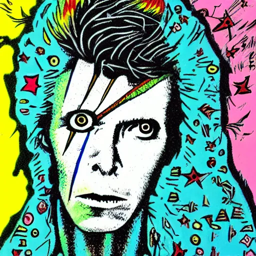 Image similar to david bowie in the style of daniel johnston and outsider art, acid, 4k