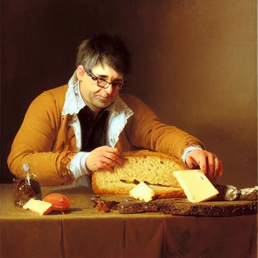 Image similar to steve albini eating a loaf of fresh bread and some good cheese or roast beef, portrait, oil on canvas, by jean - honore fragonard