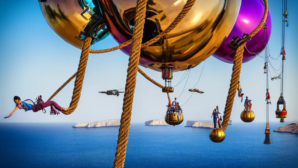 Image similar to large colorful futuristic space age metallic steampunk steam - powered balloons with pipework and electrical wiring around the outside, and people on rope swings underneath, flying high over the beautiful greek islands landscape, professional photography, 8 0 mm telephoto lens, realistic, detailed, photorealistic, photojournalism