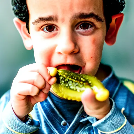 Image similar to fred savage eating a pickle, ( sony a 7 r iv, symmetric balance, polarizing filter, photolab, lightroom, 4 k, dolby vision, photography awardm, voque, perfect face )