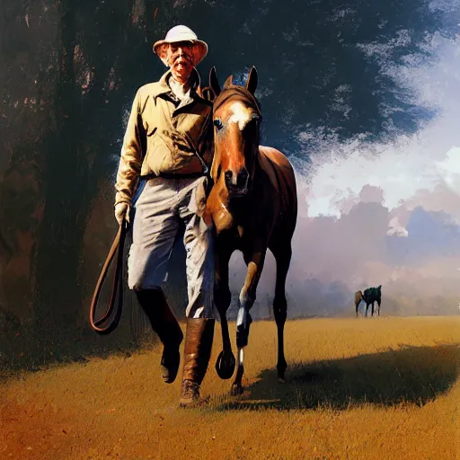 Image similar to man carries horse, hyperrealism, no blur, 4 k resolution, ultra detailed, style of ron cobb, adolf hiremy - hirschl, syd mead, ismail inceoglu, rene margitte