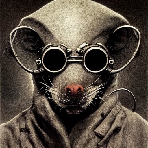 Image similar to a rat with steampunk googles, by Zdzisław Beksiński
