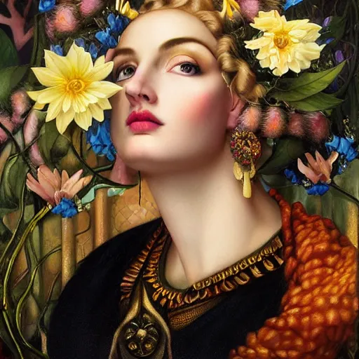 Image similar to dynamic composition, facing forward, blonde woman with hair of spring flowers wearing ornate earrings, ornate gilded details, pastel colors, a surrealist painting by tom bagshaw and jacek yerga and tamara de lempicka and jesse king, wiccan, pre - raphaelite, featured on cgsociety, pop surrealism, surrealist, dramatic lighting