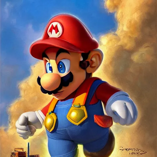 Image similar to epic portrait of super mario, detailed, digital painting, artstation, concept art, donato giancola, joseph christian leyendecker, wlop, boris vallejo, breathtaking, high details, extremely detailed, establishing shot, artistic, hyper realistic, octane render