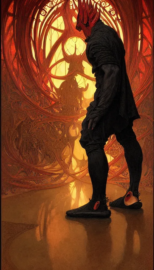 Prompt: portrait of the devil ( lucifer ) wearing toe shoes ( vibram five fingers ), digital art, technicolor, grim - lighting, high - contrast, intricate, elegant, highly detailed, centered, digital painting, artstation, concept art, smooth, sharp focus, illustration, artgerm, greg rutkowski, alphonse mucha, karol bak