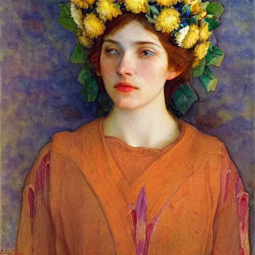 Image similar to the flower crown, by Annie Swynnerton and Nicholas Roerich, elaborate costume, flowers, rich color, dramatic cinematic lighting, smooth, sharp focus, extremely detailed