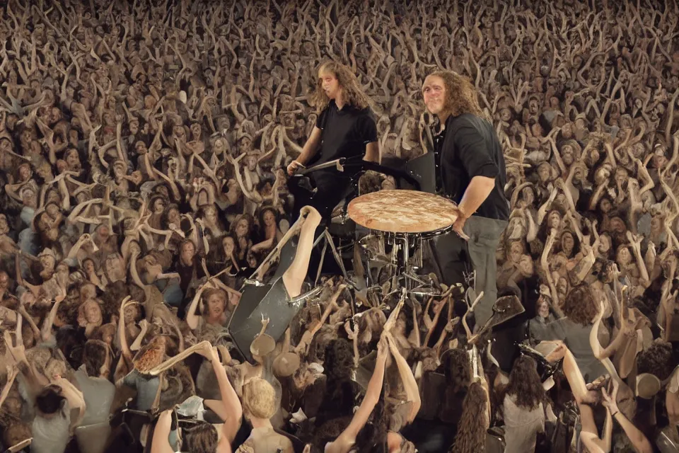 Image similar to a claymation film still of a curly long hair drummer playing the drum set in a big arena stage with a crowd of fans. claymation by bruce bickford