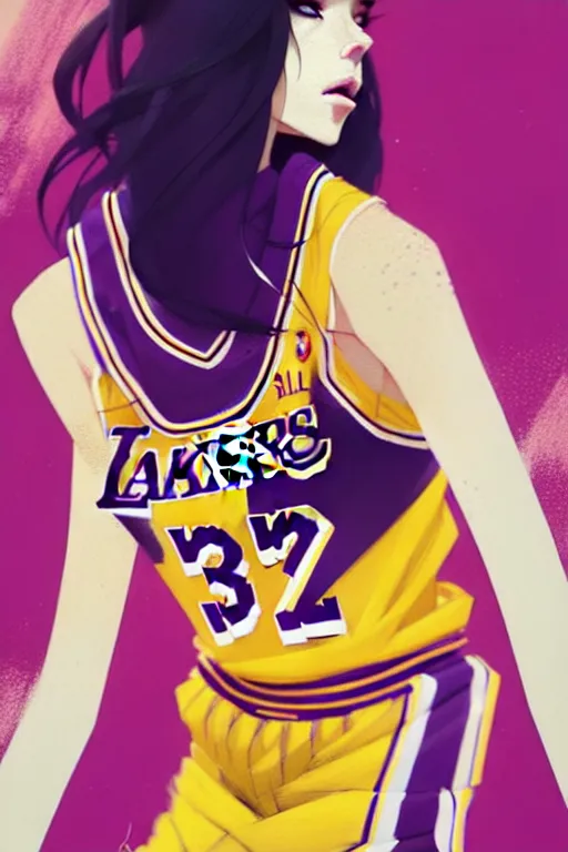 Prompt: a ultradetailed beautiful panting of a stylish girl in a los angeles lakers jersey, by conrad roset, greg rutkowski and makoto shinkai, trending on artstation