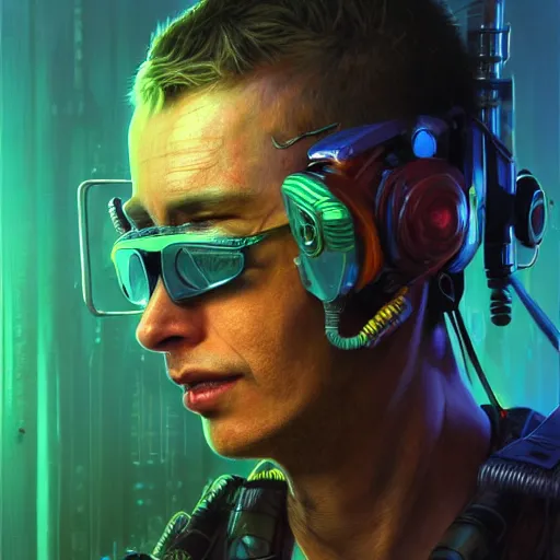 Prompt: detailed character concept art portrait of a vibrantly dressed cyberpunk punk diesel punk man on a depth of field background, artstation, award - winning realistic sci - fi concept art by jim burns and greg rutkowski, beksinski, a realism masterpiece, complimentary color palette, james gilleard, bruegel, alphonse mucha, and yoshitaka amano