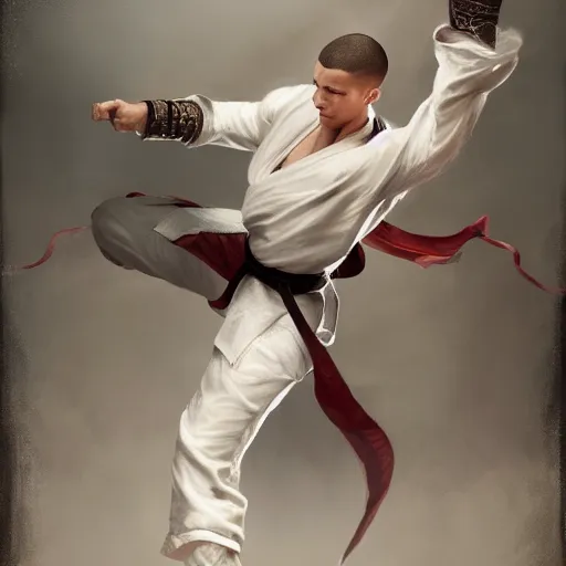 Image similar to A detailed matte oil on canvas painting of a young white male martial artist monk, orchid arm tattoos, fight stance by greg rutkowski and Charlie bowater, trending on artstationhd, dungeons and dragons art