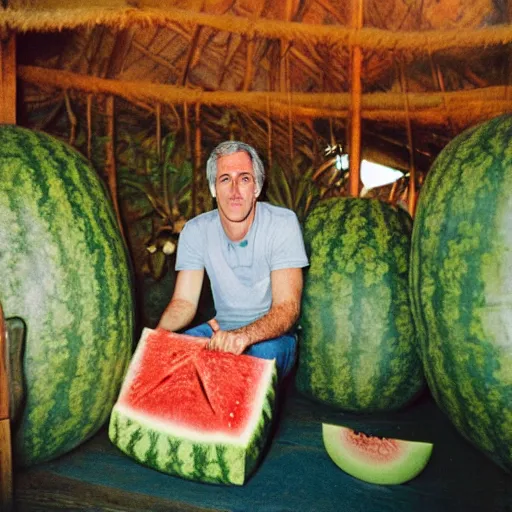 Prompt: a photo of jeffrey epstein sitting in a hut in hawaii with various square watermelons everywhere in the room, portra 4 0 0