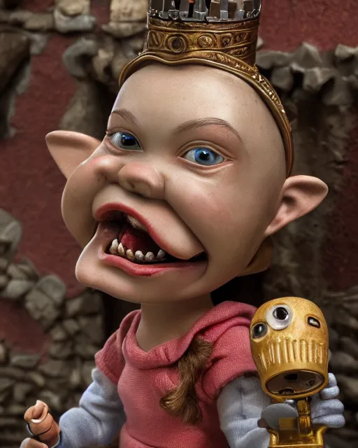 Image similar to highly detailed closeup, face profile portrait of a tin toy greta thunberg as a medieval goblin eating cakes in a castle, bikini, depth of field, nicoletta ceccoli, mark ryden, lostfish, dan decarlo, bob clampett, max fleischer, detailed and intricate environment, 8 k resolution, hyperrealistic, octane render