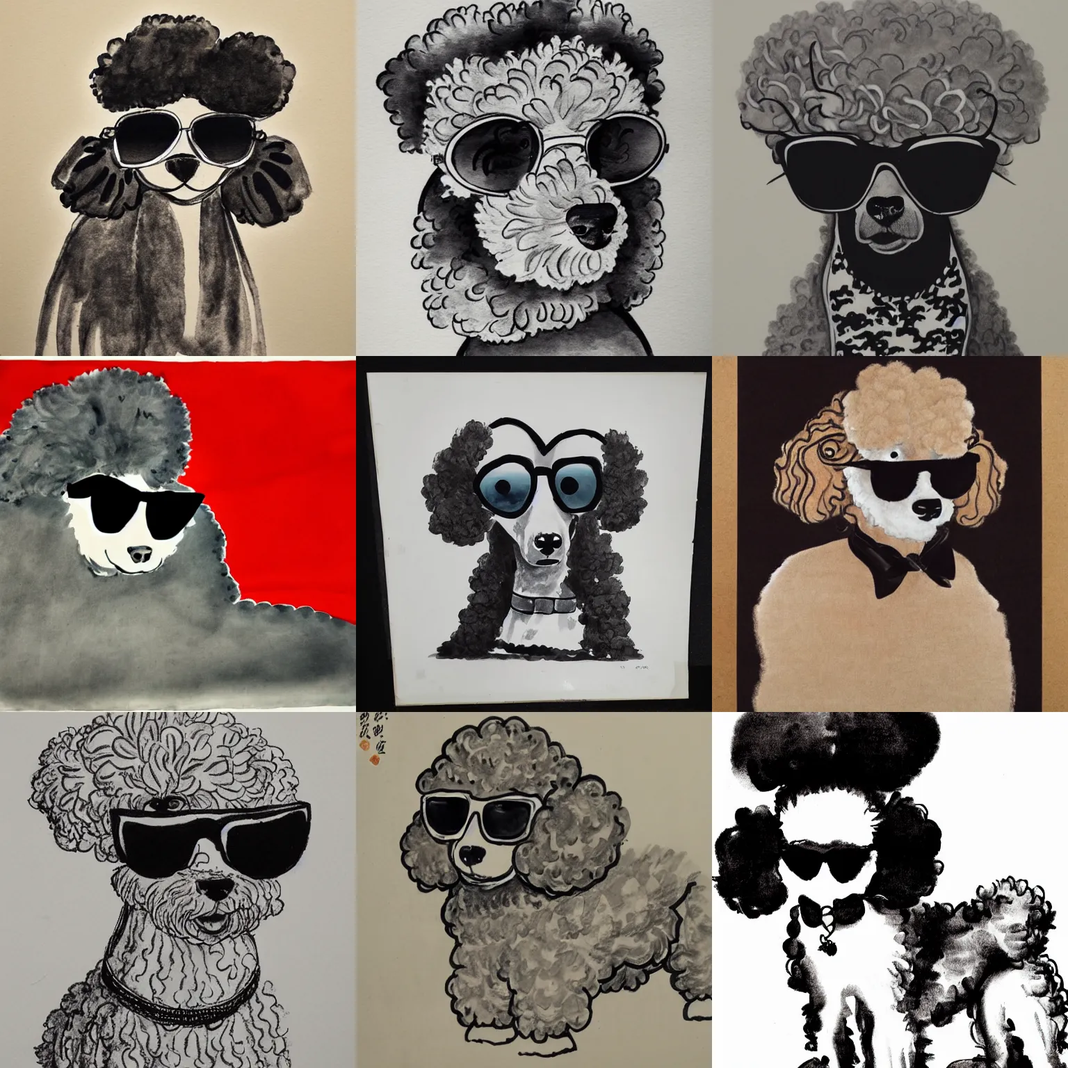 Prompt: poodle wearing sunglasses, chinese ink painting