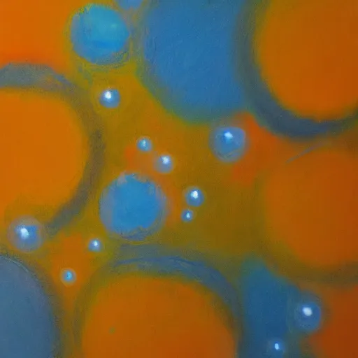 Prompt: white bubbles inside an orange, yellow, blue, abstract emulsion, oil on canvas