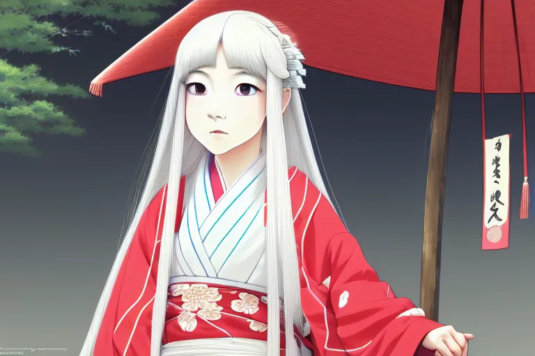 Prompt: portrait of a young japanese girl with long white hair in traditional clothing at a shinto shrine, fine detailed features, trending on pixiv fanbox, ilya kuvshinov makoto shinkai takashi takeuchi studio ghibli, akihiko yoshida, 4 k