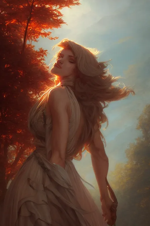 Image similar to goddess of the autumn twilight, highly detailed, digital painting, artstation, concept art, smooth, sharp focus, elegant, illustration, unreal engine 5, 8 k, art by artgerm and greg rutkowski and edgar maxence