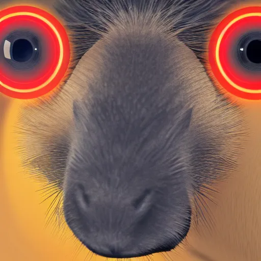 Image similar to a capybara with a red robotic eye,digital art