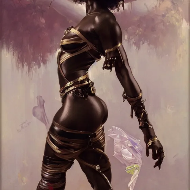 Image similar to african domme mistress, dominatrix full body, dominatrix, tribal, smooth white tight clothes suit, ornate, very beautiful, concept art, realistic painting, androgynous, afrofuturism, cgsociety, digital art by greg rutkowski, by alphonse mucha