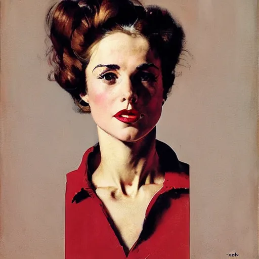 Image similar to head and legs portrait of woman, fierce, fully clothed, three quarter profile, norman rockwell, jacob collins, tom lovell, frank schoonover