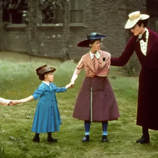 Image similar to Mary Poppins (played by Julie Andrews) handing children cigarettes and a zippo lighter, colorized