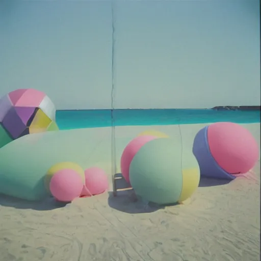 Image similar to a pastel colour high fidelity wide angle Polaroid art photo from a holiday album at a seaside with abstract inflatable parachute furniture, spheres and a sculpture named ‘self care’, all objects made of transparent iridescent Perspex and metallic silver, a grid of sun beds iridescence, nostalgic