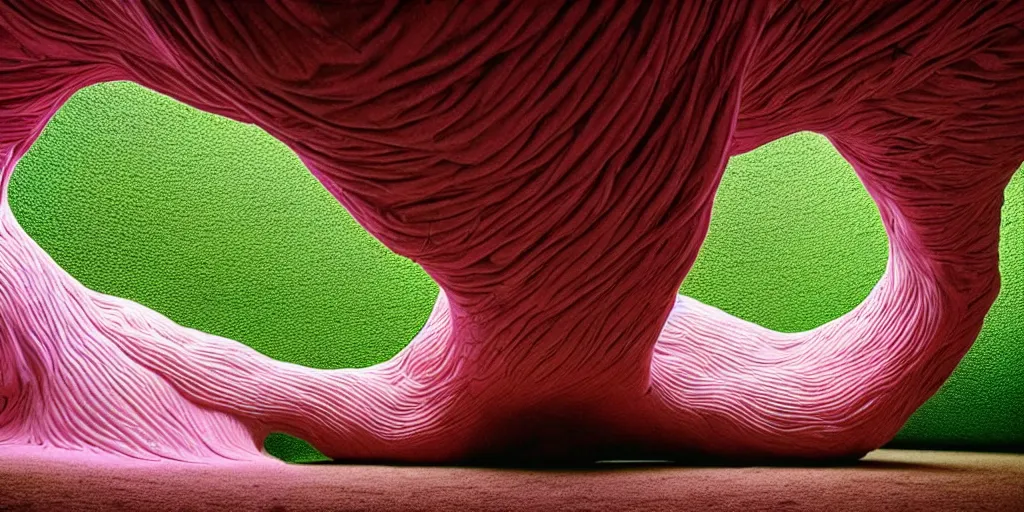 Image similar to biomorphic inflated structures by ernesto neto, light - mint with light - pink color, 4 k, insanely quality, highly detailed, film still from the movie directed by denis villeneuve with art direction by zdzisław beksinski, telephoto lens, shallow depth of field