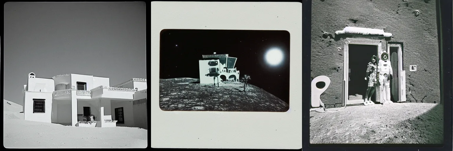 Prompt: a spanish villa on the moon, holiday photo, vignette, polaroid, 1 9 6 0 s